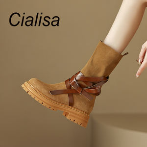 Cialisa – bottines d'hiver à talons épais en daim pour femme, chaussures à semelle plate, noir Caramel, taille <span class=keywords><strong>42</strong></span>, nouvelle collection - Product Image 1
