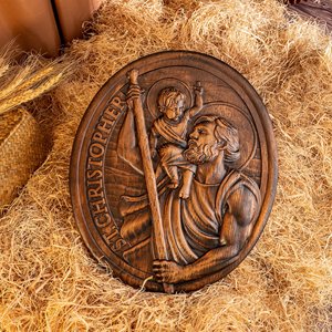 Plaque en <span class=keywords><strong>bois</strong></span> sculptée à la main de Saint <span class=keywords><strong>Christophe</strong></span>, décoration murale catholique rustique ovale pour la maison ou l'église - Product Image 2