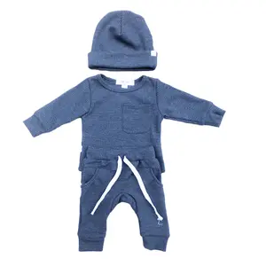 Waffle Rib Cotton Clothes Long Sleeve Pocket Tee Strings Harem Pants Beanies Newborn Baby boys 3pcs Knit Set