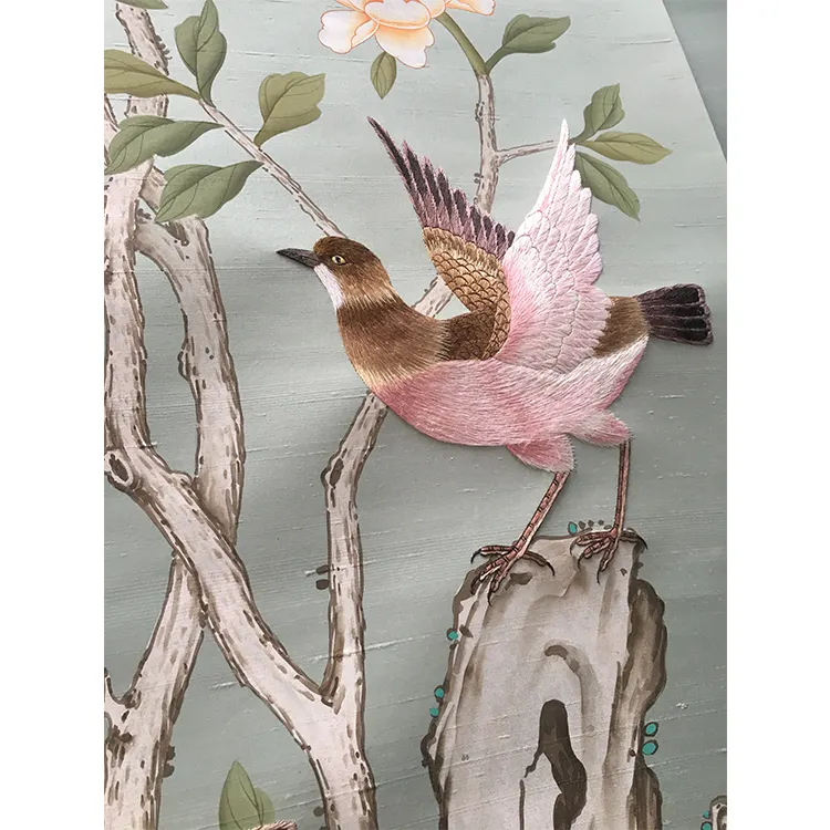 Chinoiserie murals hand painted drawing real silk Flower and bird painted wall embroidered murals