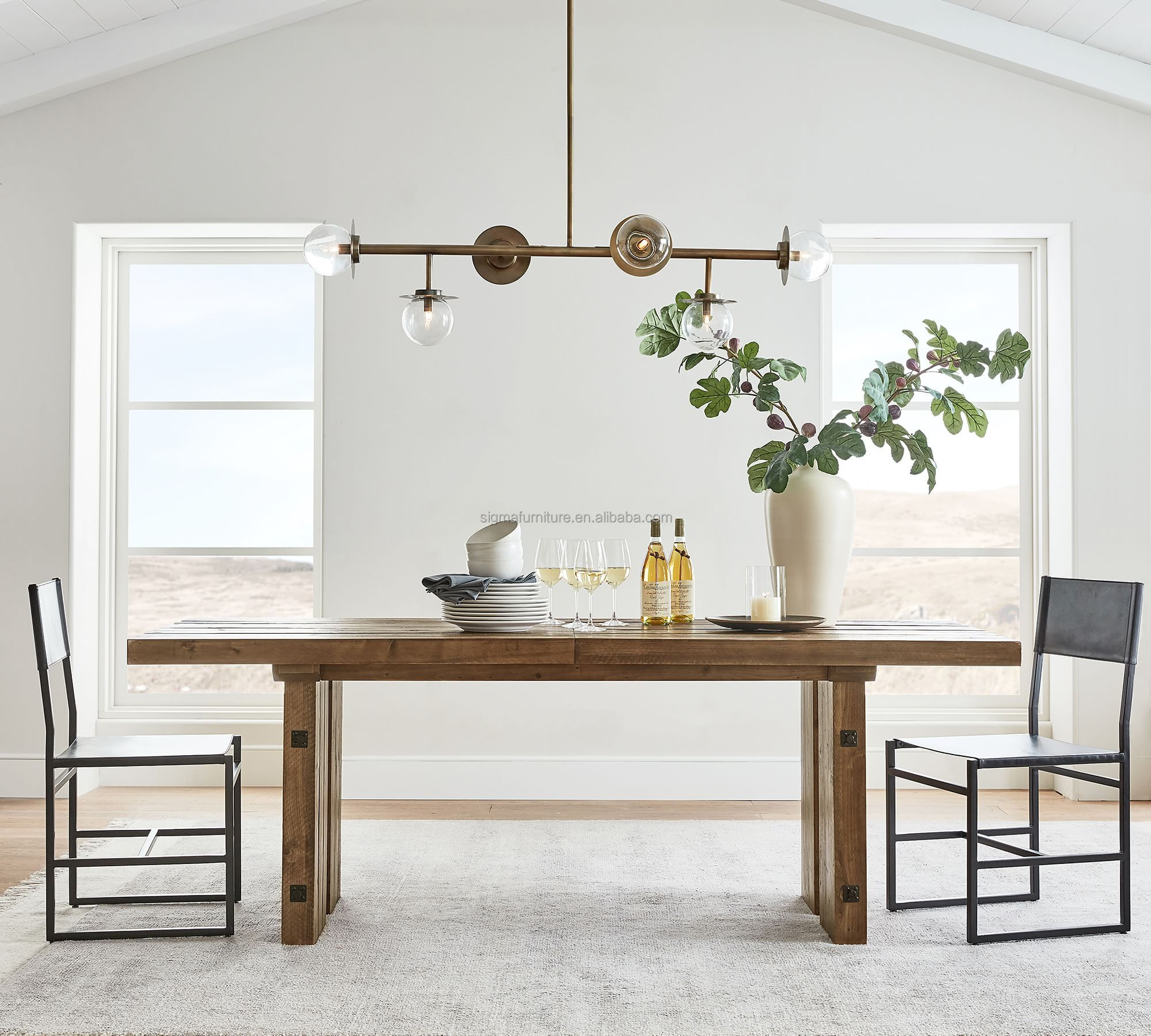 Villa farmhouse dining table set luxury wooden rectangle Extending dining table