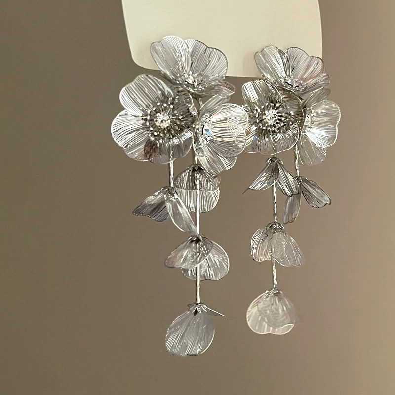 Silver Flower Tassel Earrings