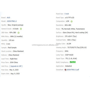 G050VTN01.0 AUO LCD Módulo de cristal líquido Pantalla de 5 pulgadas 800*480 Panel de visualización TTL - Product Image 2