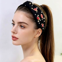 Diadema Ancha de Tela con Perlas Rojas, Blancas y Negras de 5cm, Hecha a Mano, de Alta Calidad, para el Día de la Independencia