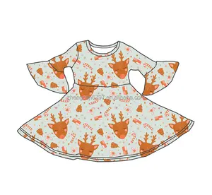 Automne bébé robe enfants enfants renne motif de noël vêtements vêtements belle robe à manches longues évasées pour les filles