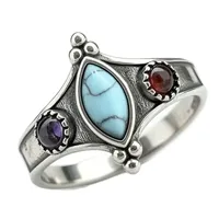 ZhuQian Grosir Cincin Gaya Etnik Pirus Biru Marquise untuk Wanita Perhiasan Klasik Warna Perak Samping Zirkon Bulat Bohemian