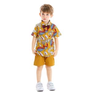 Ensembles de vêtements pour petit garçon imprimé de feuilles au prix de gros chemise avec nœud papillon pantalons courts vêtements d'été pour bébé garçon - Product Image 2