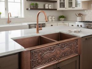 Évier de cuisine artisanal en cuivre, style ferme, avec façade en cuir, design martelé antique, finition cuivre vieilli, évier simple pour hôtel - Product Image 3