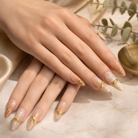 Faux ongles à presser personnalisés avec breloque dorée, longs, forme amande, dentelle, nude, blanc, pailletés, gel brillant, ABS, marbré, vente en gros OEM