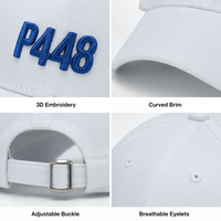 Casquette de baseball unisexe de luxe en sergé blanc avec lettres brodées en relief 3D personnalisées, logo P448, 6 panneaux structurés, style Dad Hat, ajustable
