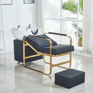 Sillón de Peluquería Moderno de Acero Inoxidable con Lavabo de Cerámica, Respaldo Acolchado y Reposapiés Fijo para Uso en Salón - Product Image 5