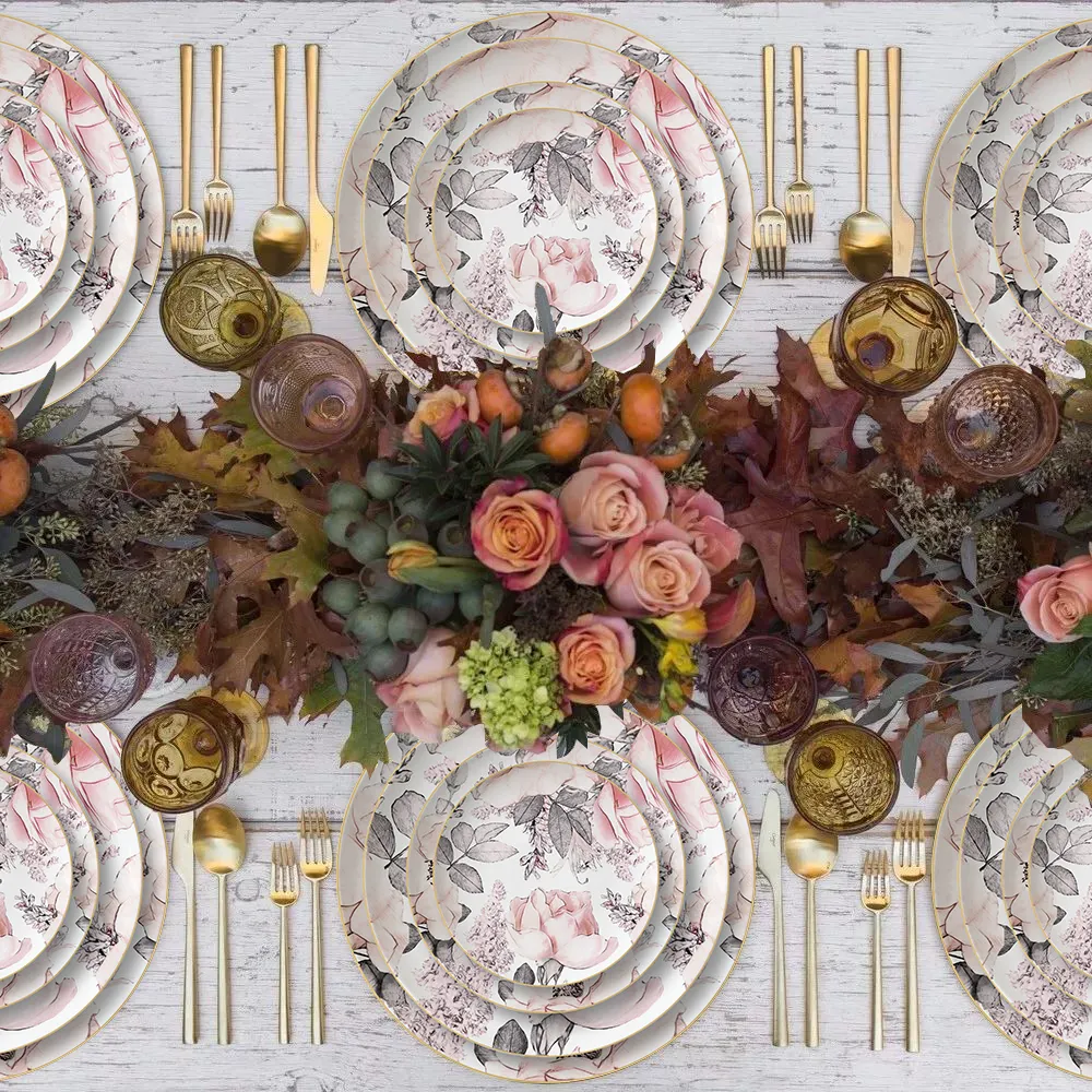 JINCI – assiettes à dîner en céramique rose à bordure dorée, ensemble de dîner en porcelaine avec chargeur en porcelaine, élégance royale, couleur blanche, vente en gros