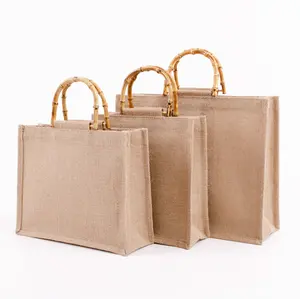 In stock waterproof grocery shopping recyclable custom bamboo handle burlap jute gunny tote bags with logo printed