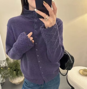 Nouveau cardigan en tricot uni pour femmes, pull décontracté pour femmes, <span class=keywords><strong>col</strong></span> montant, design découpé, cardigan à simple boutonnage en tricot - Product Image 5
