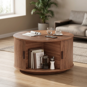 Drum Coffee <b>Table</b> Sliding Tambour Door Wood <b>Top</b> Adjustable <b>Stone</b> Base Walnut Brown Mid-Century 1 Year - Product Image 3