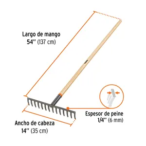 Rastrillo recto Truper de 54 'con mango de 14 dientes - Product Image 3