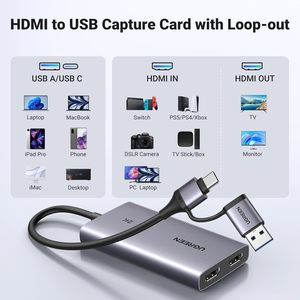 Ugreen 2K 30Hz HD-MI chụp thẻ, <span class=keywords><strong>4K</strong></span> 30Hz Passthrough Video Capture Card USB 3.0 Full HD 1080P 60fps với độ trễ thấp - Product Image 3