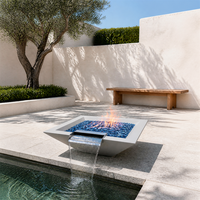 Bol à feu carré blanc à gaz avec cascade en acier inoxydable et fonction eau et feu pour piscine extérieure, patio, jardin, villa