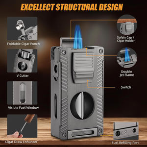 3 Jets Flame <b>Cigar</b> <b>Lighter</b> Multi-Function with V-Shaped Cutter <b>Cigar</b> Punch Portable Windproof Refillable <b>Lighter</b> for Gift - Product Image 4