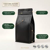 Sachet de café de luxe à fond plat avec valve et fermeture éclair, scellage 8 côtés, imprimé sur mesure, qualité alimentaire, anti-humidité, 1 lb 16 oz, pour emballage de grains entiers