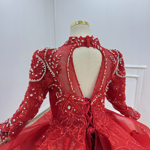 Robe de demoiselle d'honneur de luxe Wn1796, rouge, à fleurs, avec dentelle perlée, col haut, robe de bal de princesse, longueur au sol, 100% polyester, pour mariage ou fête d'enfants - Product Image 6