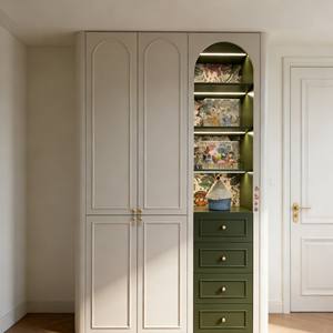 Armoire à double porte pour chambre d'enfant, design en arc pastel avec écran LED, niche et tiroirs de rangement pour les vêtements des enfants - Product Image 3