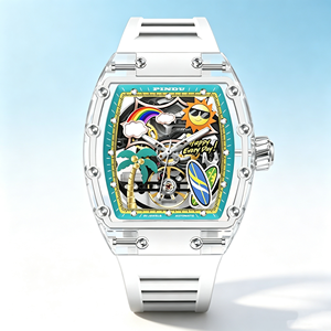 Montre mécanique automatique pour homme avec verre optique tonneau, cadran squelette ajouré motif dessin animé, bracelet en silicone, étanche, montre-bracelet tendance - Product Image 3