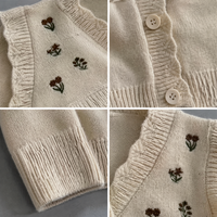 Kardigan Kancing Kerah Ruffle Bordir Bunga untuk Anak Perempuan dengan Detail Mutiara, Sweater Anak Custom OEM Pabrik