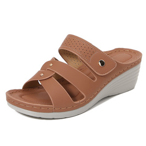 Black PU Wedge <b>Sandals</b> Open Toe Slip-On Mid Heel Comfort Summer Shoes Breathable Light Weight Anti-Slip Buckle Decoration - Product Image 1