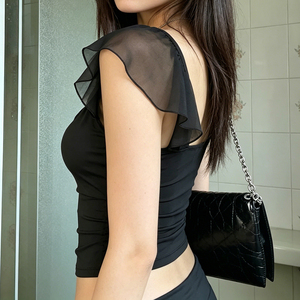 เสื้อยืดแขนสั้นคอวีแต่งระบายผ้าตาข่ายสไตล์หวาน Y2K สำหรับผู้หญิง ขายส่ง - Product Image 5