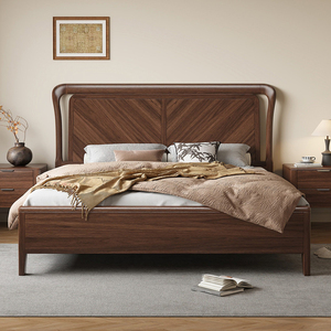 Cama de Madera Maciza de Nogal Negro Estilo Dinastía Song, 1.8M, Moderna y Minimalista, Cama Doble para Dormitorio - Product Image 1