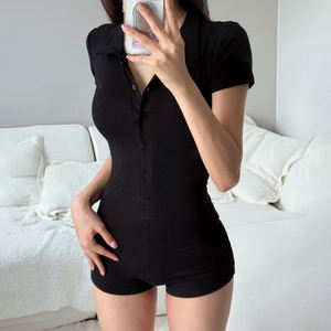 <b>Romper</b> Shorts Women Collar Button Front Ribbed Style Tight Fit Casual <b>Pajama</b> Home <b>Romper</b> - Product Image 1