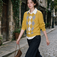 Pull en tricot à col en V à motif Argyle jaune pour femmes, style preppy, ample, service personnalisé pris en charge