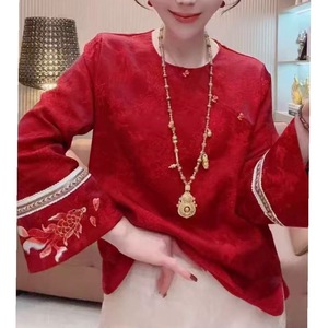 Traditional Chinese Red Embroidery Top Koi Pattern Loose Fit New Year Wear Cotton Linen Blend - Product Image 1