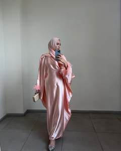 Oem مخصص منخفض موك ريشة صفعة وردي قفطان صلاة رداء للأعياد رمضان إسلامية فاخرة للنساء فستان عبايات دبي للنساء - Product Image 6