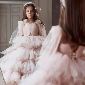 New Children's Fashion Temperament High Quality <b>Lei</b> Princess Tail Puffy Cake Long Sleeve Chapel Train Lace Dress - Product Image 4