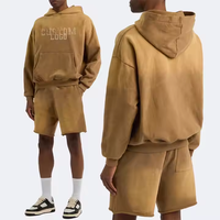 Ensemble court à capuche 100 % coton surdimensionné pour homme, survêtement respirant jaune sable, vente en gros, logo personnalisé, printemps automne