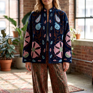 Chaqueta de Invierno SETU INTERNATIONAL Estilo Boho Chic, Bordada en Terciopelo, Ecológica, con Diseño Floral Vintage en Azul - Product Image 1