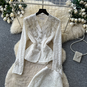 Ensemble <span class=keywords><strong>deux</strong></span> <span class=keywords><strong>pièces</strong></span> chic et élégant pour <span class=keywords><strong>femme</strong></span>, col en V, <span class=keywords><strong>dentelle</strong></span>, perles et broderies, coupe ajustée, collection automne, qualité supérieure - Product Image 2
