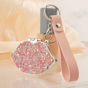 Lip Shaped Rhinestone <b>Compact</b> <b>Mirror</b> Keychain PU Leather Wristlet Strap Dual Sided Glass Pocket Makeup <b>Mirror</b> Bulk Custom Logo - Product Image 3
