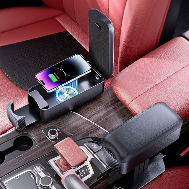 Dual Function Car Center Console Organizer with Quick Charge QC 3.0 Cup Holder Rear Seat Storage Tray Auto Vehicle Organizer