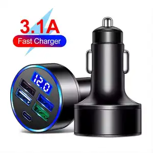 中国制造商和批发商4USB 3.1A带led显示屏的c型汽车充电器最畅销2023多用途汽车充电器