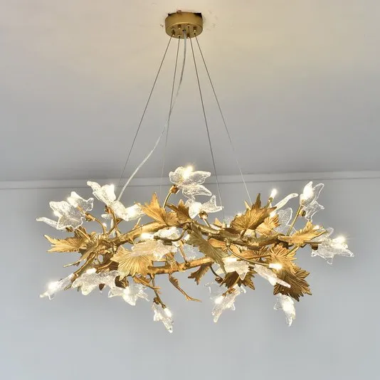 MEEROSEE Luxury Brass Tree Branch Hanging Light Fixture Copper Maple Leaves Chandelier for Hotel Restaurant Cafe Decor MD92093