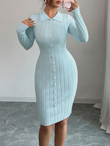 <span class=keywords><strong>Abito</strong></span> <span class=keywords><strong>Midi</strong></span> Elegante da Donna in Maglia Azzurra, Maniche Lunghe, Bottoni con Perle, Vestito Aderente a Costine - Product Image 2