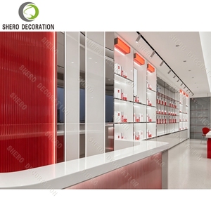 Modern Skincare Store Interior Design Red & White Cosmetic <b>Display</b> Cabinet Glass <b>Shelf</b> Wall <b>Unit</b> with LED Lightbox Shop Fitting - Product Image 5