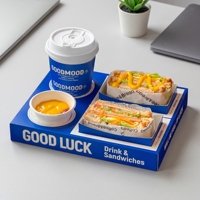 Boîte en carton blanc style influenceur pour sandwichs, petit-déjeuner, café et boissons ; Papier intérieur bleu inspiré d'Instagram pour restaurants/cafés