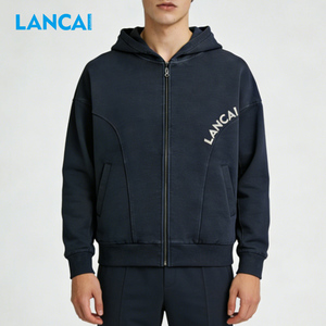 Sudadera con capucha Lancai para hombre, de alta calidad, OEM/ODM, gris liso, con estampado de letras personalizado, con cremallera, lavado ácido, estilo urbano, extragrande - Product Image 2