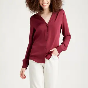 Kadınlar kırmızı bluz 100% ipek gömlek resmi ofis zarif bayanlar Casual uzun kollu iş gömlek