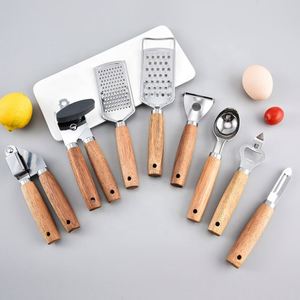 Household <b>Kitchen</b> <b>Gadgets</b> Wooden Handle Whisk Stainless Steel Ice Cream Spoon Pizza Knife Garlic Press and Planer Set - Product Image 3