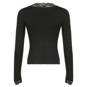 T-shirt en tricot respirant à manches longues et col en V avec patchwork de dentelle, coupe régulière, haut décontracté pour femme, style tendance printemps automne - Product Image 6